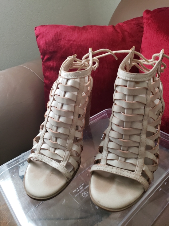Fergalicious By Fergie Shoes - Beige Lace-Up Woven Gladiator Heels - Women's Sandals